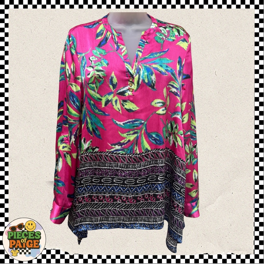 Rafaella Floral Boho Blouse | Vibrant Pink & Jewel Tones | Size S